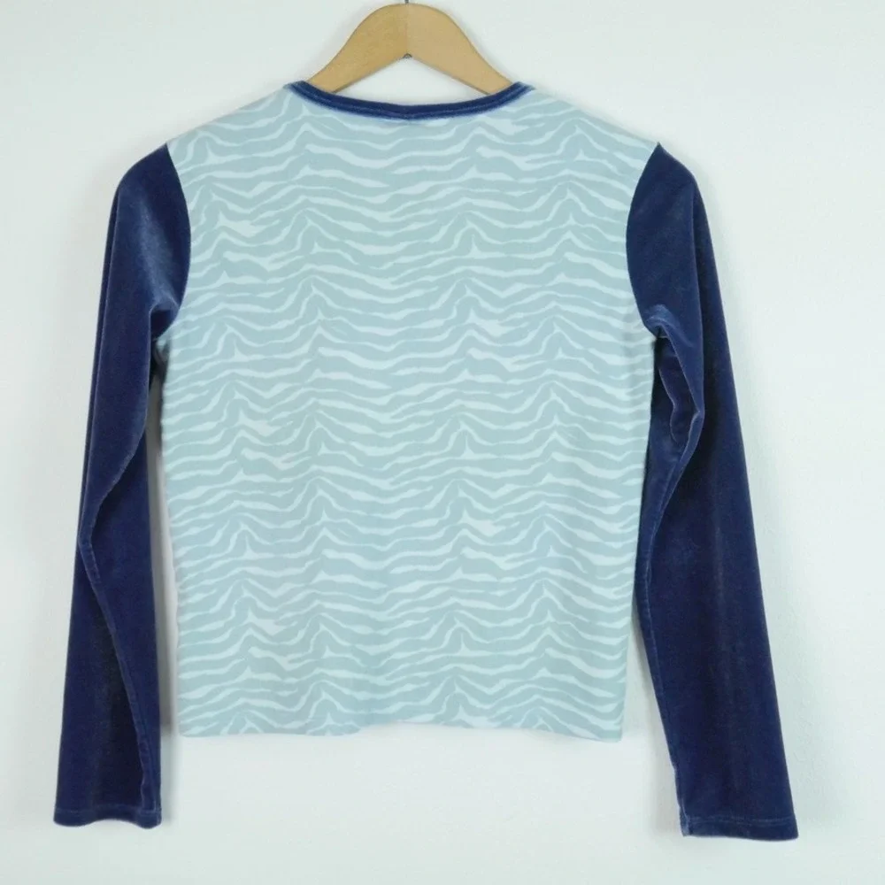 Vintage Gap Kids XL Blue Velvet‎ Sleeve Floral Glitter Zebra Print Top Y2K